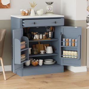 English Elm Assembly Topmax Modern Pantry Cabinet with Marble Countertop Drawer and Adjustable Shelves Gray N717P497477E
