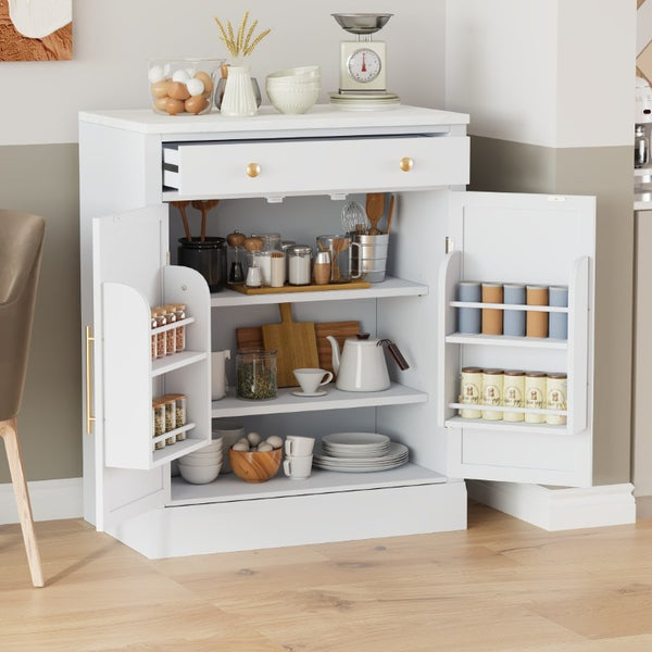 English Elm Assembly Topmax Modern Pantry Cabinet with Marble Countertop Drawer and Adjustable Shelves White N717P497477K