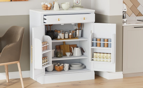 English Elm Assembly Topmax Modern Pantry Cabinet with Marble Countertop Drawer and Adjustable Shelves White N717P497477K