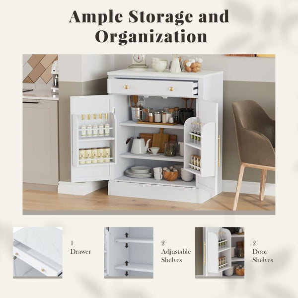 English Elm Assembly Topmax Modern Pantry Cabinet with Marble Countertop Drawer and Adjustable Shelves White N717P497477K