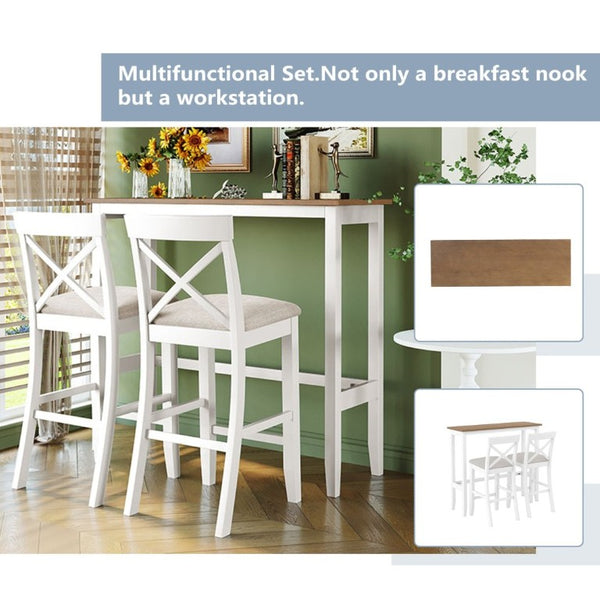 English Elm Topmax Farmhouse Acacia Wood 3 Piece Bar Height Dining Set for Kitchen Nook Brown+White+Beige N717P498378B