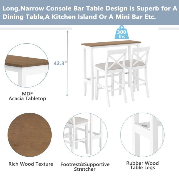 English Elm Topmax Farmhouse Acacia Wood 3 Piece Bar Height Dining Set for Kitchen Nook Brown+White+Beige N717P498378B