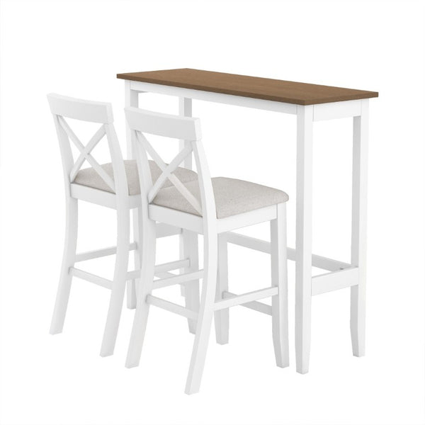 English Elm Topmax Farmhouse Acacia Wood 3 Piece Bar Height Dining Set for Kitchen Nook Brown+White+Beige N717P498378B