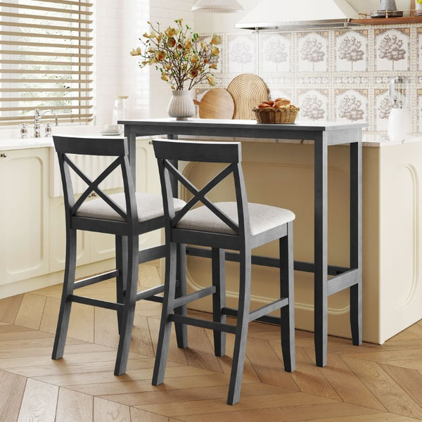 English Elm Topmax Farmhouse Acacia Wood 3 Piece Bar Height Dining Set for Kitchen Nook Gray+Beige N717P498378E