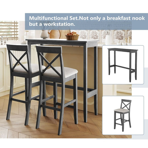 English Elm Topmax Farmhouse Acacia Wood 3 Piece Bar Height Dining Set for Kitchen Nook Gray+Beige N717P498378E