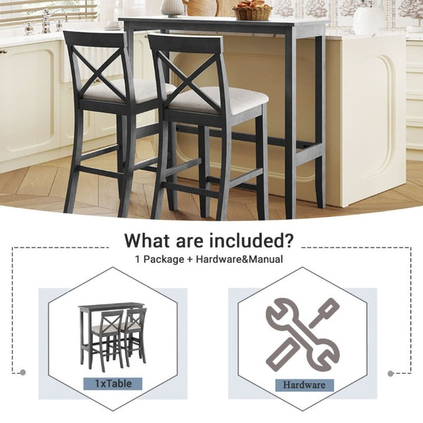 English Elm Topmax Farmhouse Acacia Wood 3 Piece Bar Height Dining Set for Kitchen Nook Gray+Beige N717P498378E