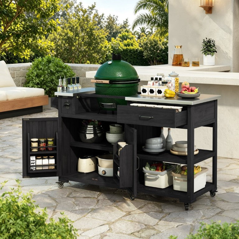English Elm Topmax Outdoor Fir Wood Grill Cart with Stainless Steel Top Spice Rack and Storage Black N717P507999B