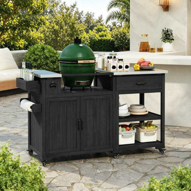 English Elm Topmax Outdoor Fir Wood Grill Cart with Stainless Steel Top Spice Rack and Storage Black N717P507999B