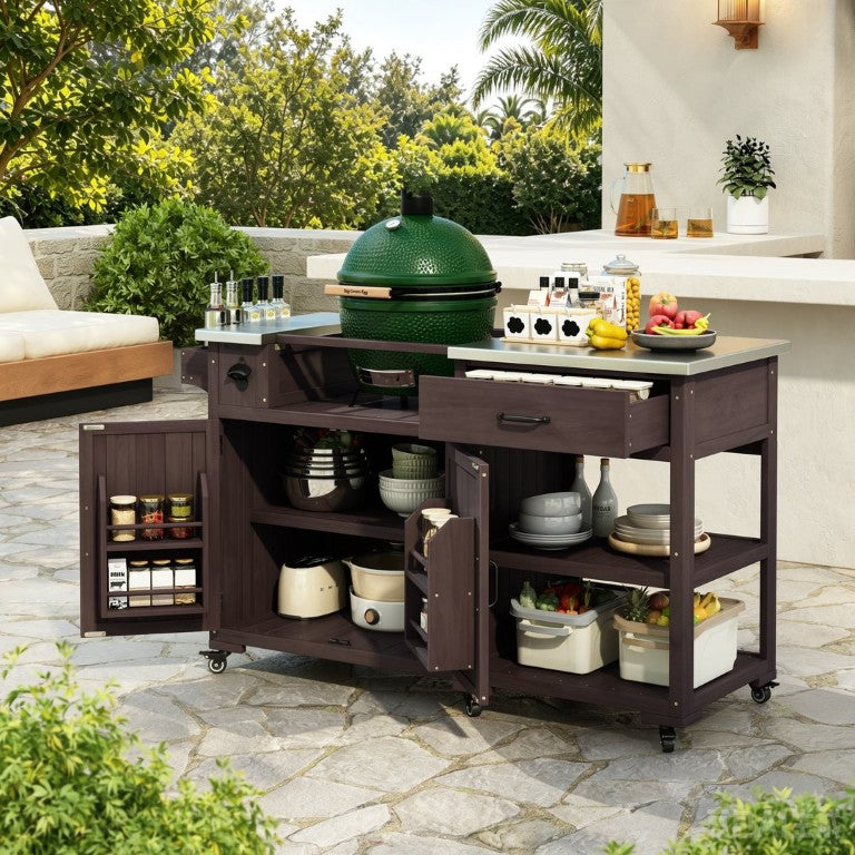 English Elm Topmax Solid Fir Wood Outdoor Grill Cart with Stainless Top Spice Rack and Storage N717P507999D