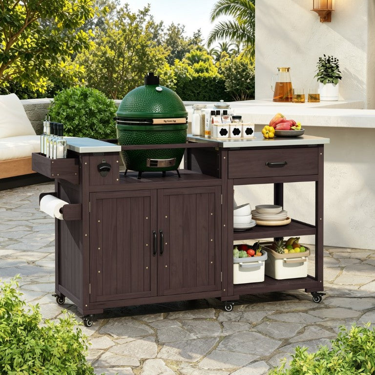 English Elm Topmax Solid Fir Wood Outdoor Grill Cart with Stainless Top Spice Rack and Storage N717P507999D