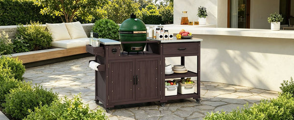 English Elm Topmax Solid Fir Wood Outdoor Grill Cart with Stainless Top Spice Rack and Storage N717P507999D