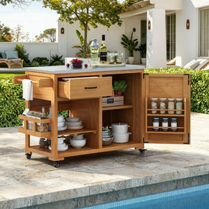 English Elm Topmax Fir Wood Grill Cart with Stainless Steel Top Gas Tank Storage and Spice Rack Natural N717P508001A