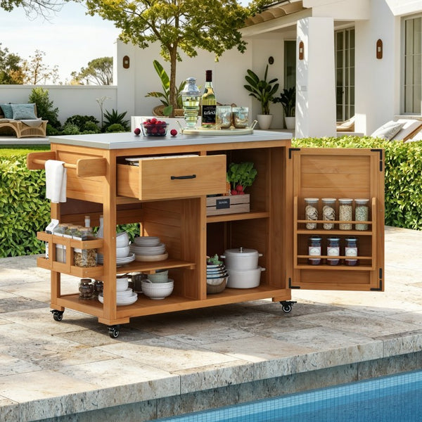 English Elm Topmax Fir Wood Grill Cart with Stainless Steel Top Gas Tank Storage and Spice Rack Natural N717P508001A