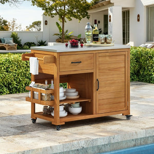 English Elm Topmax Fir Wood Grill Cart with Stainless Steel Top Gas Tank Storage and Spice Rack Natural N717P508001A