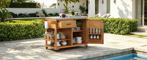 English Elm Topmax Fir Wood Grill Cart with Stainless Steel Top Gas Tank Storage and Spice Rack Natural N717P508001A