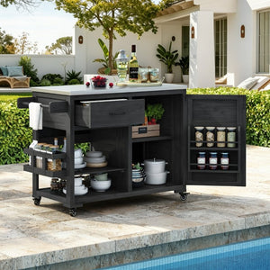 English Elm Topmax Fir Wood Grill Cart with Stainless Steel Top Gas Tank Storage and Spice Rack Black N717P508001B