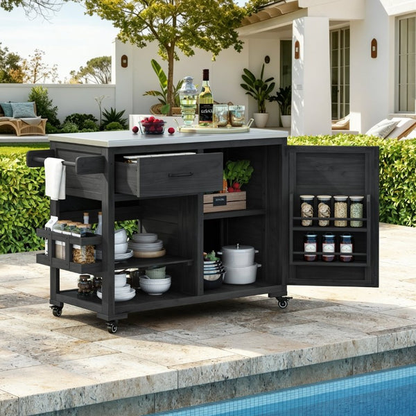 English Elm Topmax Fir Wood Grill Cart with Stainless Steel Top Gas Tank Storage and Spice Rack Black N717P508001B
