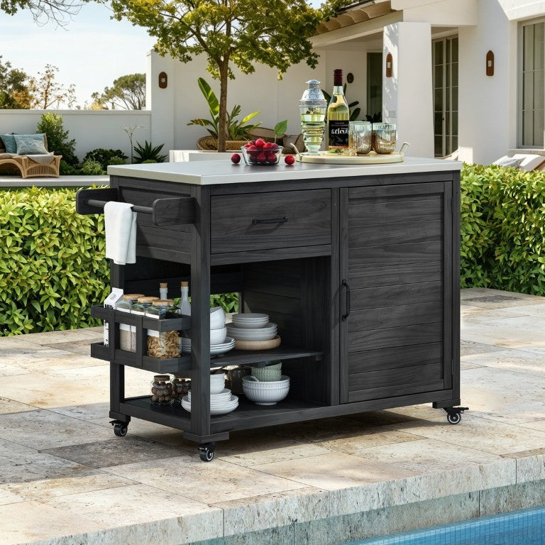 English Elm Topmax Fir Wood Grill Cart with Stainless Steel Top Gas Tank Storage and Spice Rack Black N717P508001B