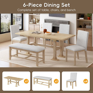 English Elm Topmax Farmhouse Trestle Extendable Dining Set with Upholstered Chairs Bench Rubberwood Natural+Light Gray N717S000048A