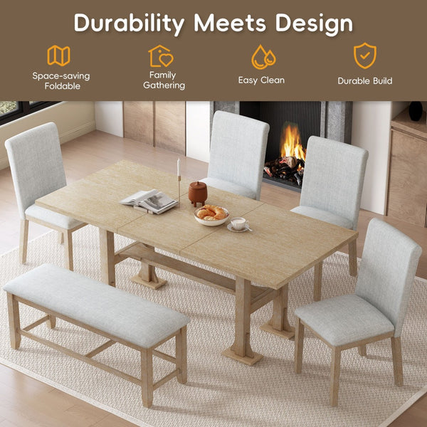 English Elm Topmax Farmhouse Trestle Extendable Dining Set with Upholstered Chairs Bench Rubberwood Natural+Light Gray N717S000048A