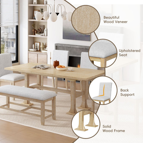 English Elm Topmax Farmhouse Trestle Extendable Dining Set with Upholstered Chairs Bench Rubberwood Natural+Light Gray N717S000048A