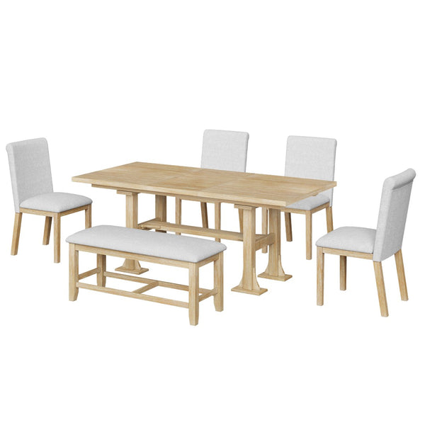 English Elm Topmax Farmhouse Trestle Extendable Dining Set with Upholstered Chairs Bench Rubberwood Natural+Light Gray N717S000048A