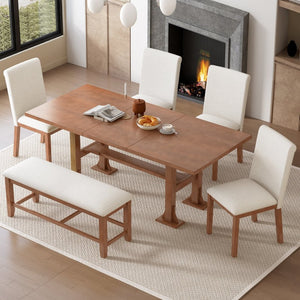 English Elm Topmax Farmhouse Trestle Extendable Dining Set with Upholstered Chairs Bench Rubberwood Brown+Ivory N717S000048D