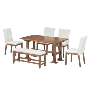 English Elm Topmax Farmhouse Trestle Extendable Dining Set with Upholstered Chairs Bench Rubberwood Brown+Ivory N717S000048D