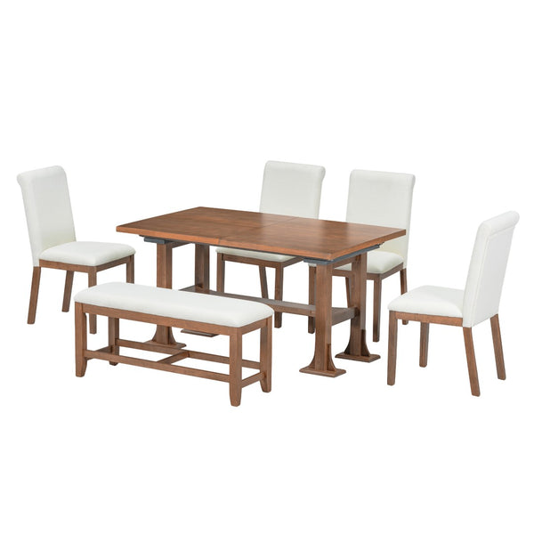 English Elm Topmax Farmhouse Trestle Extendable Dining Set with Upholstered Chairs Bench Rubberwood Brown+Ivory N717S000048D