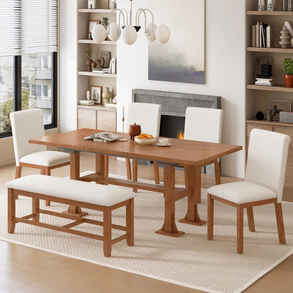 English Elm Topmax Farmhouse Trestle Extendable Dining Set with Upholstered Chairs Bench Rubberwood Brown+Ivory N717S000048D