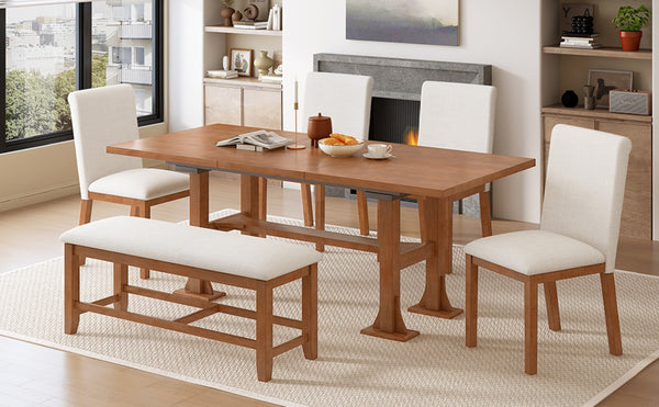 English Elm Topmax Farmhouse Trestle Extendable Dining Set with Upholstered Chairs Bench Rubberwood Brown+Ivory N717S000048D