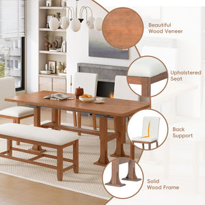 English Elm Topmax Farmhouse Trestle Extendable Dining Set with Upholstered Chairs Bench Rubberwood Brown+Ivory N717S000048D