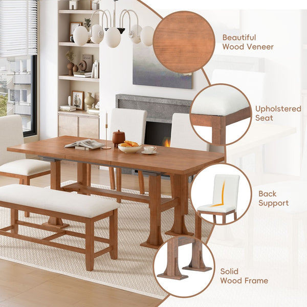 English Elm Topmax Farmhouse Trestle Extendable Dining Set with Upholstered Chairs Bench Rubberwood Brown+Ivory N717S000048D