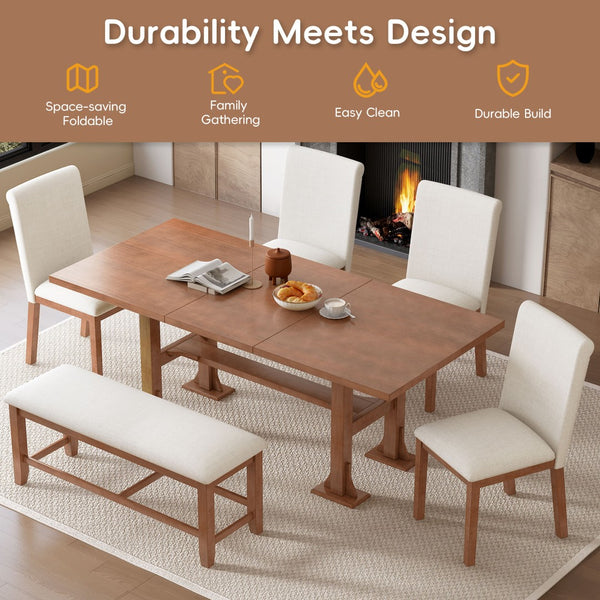English Elm Topmax Farmhouse Trestle Extendable Dining Set with Upholstered Chairs Bench Rubberwood Brown+Ivory N717S000048D
