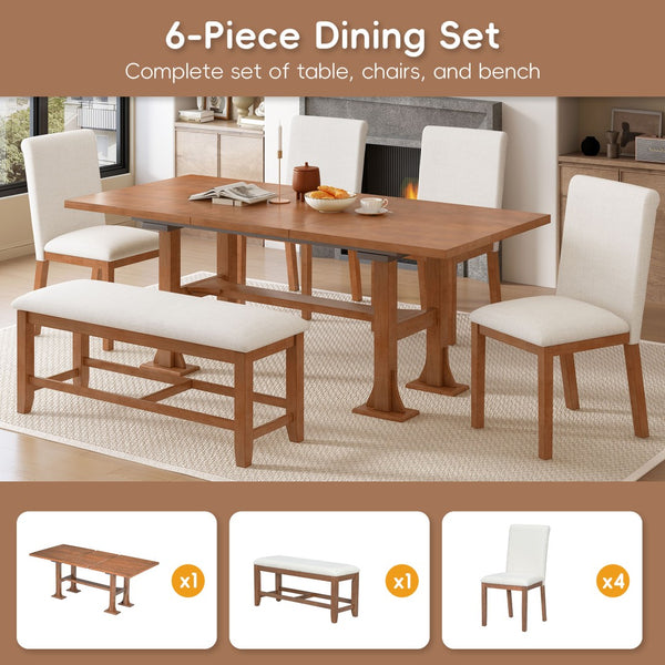 English Elm Topmax Farmhouse Trestle Extendable Dining Set with Upholstered Chairs Bench Rubberwood Brown+Ivory N717S000048D