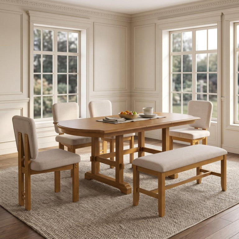 English Elm Topmax Six Piece Rubberwood Extendable Dining Set with Linen Chairs and Bench N717S000090N