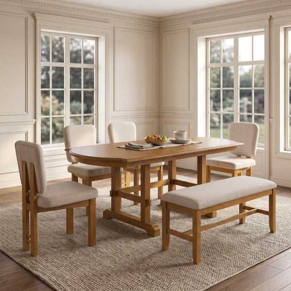English Elm Topmax Six Piece Rubberwood Extendable Dining Set with Linen Chairs and Bench N717S000090N