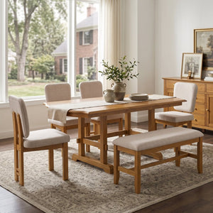 English Elm Topmax Six Piece Rubberwood Extendable Dining Set with Linen Chairs and Bench N717S000090N