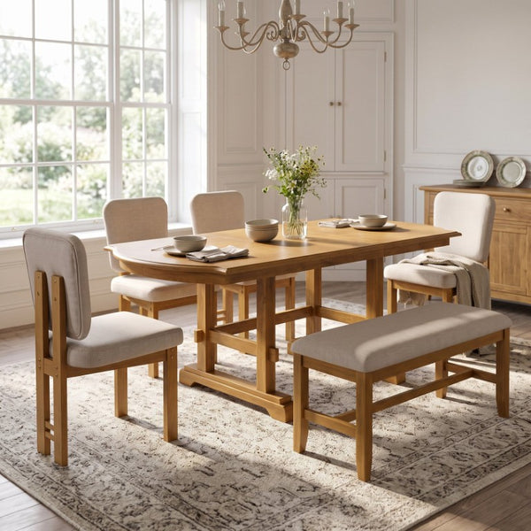 English Elm Topmax Six Piece Rubberwood Extendable Dining Set with Linen Chairs and Bench N717S000090N