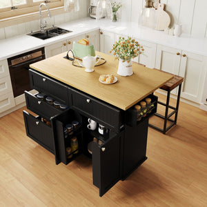 English Elm [product Topmax Farmhouse Island Table with Drop Leaf Power Outlet Drawers and 2 Stools Black N717S000234B