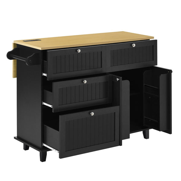 English Elm [product Topmax Farmhouse Island Table with Drop Leaf Power Outlet Drawers and 2 Stools Black N717S000234B