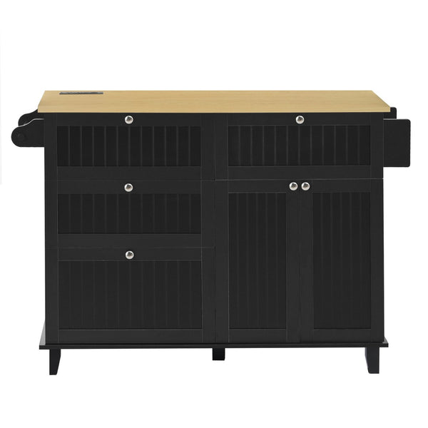 English Elm [product Topmax Farmhouse Island Table with Drop Leaf Power Outlet Drawers and 2 Stools Black N717S000234B