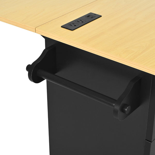 English Elm [product Topmax Farmhouse Island Table with Drop Leaf Power Outlet Drawers and 2 Stools Black N717S000234B