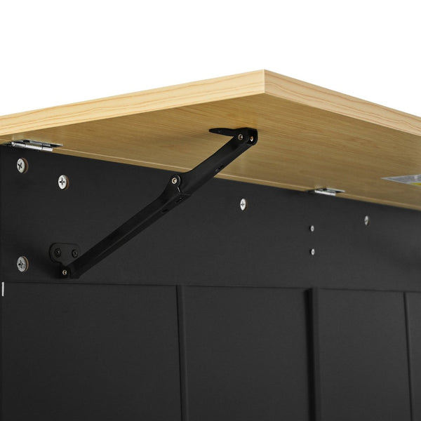 English Elm [product Topmax Farmhouse Island Table with Drop Leaf Power Outlet Drawers and 2 Stools Black N717S000234B