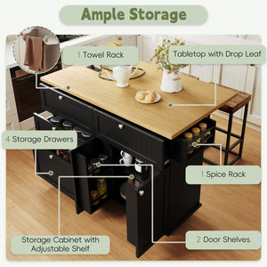 English Elm [product Topmax Farmhouse Island Table with Drop Leaf Power Outlet Drawers and 2 Stools Black N717S000234B