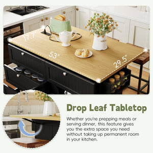 English Elm [product Topmax Farmhouse Island Table with Drop Leaf Power Outlet Drawers and 2 Stools Black N717S000234B