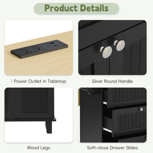 English Elm [product Topmax Farmhouse Island Table with Drop Leaf Power Outlet Drawers and 2 Stools Black N717S000234B