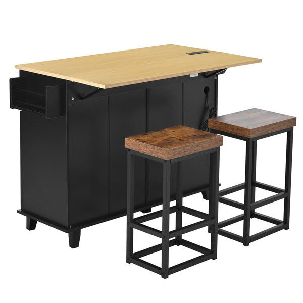English Elm [product Topmax Farmhouse Island Table with Drop Leaf Power Outlet Drawers and 2 Stools Black N717S000234B