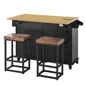 English Elm [product Topmax Farmhouse Island Table with Drop Leaf Power Outlet Drawers and 2 Stools Black N717S000234B