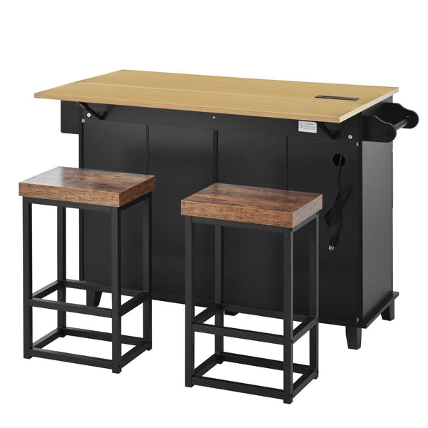 English Elm [product Topmax Farmhouse Island Table with Drop Leaf Power Outlet Drawers and 2 Stools Black N717S000234B